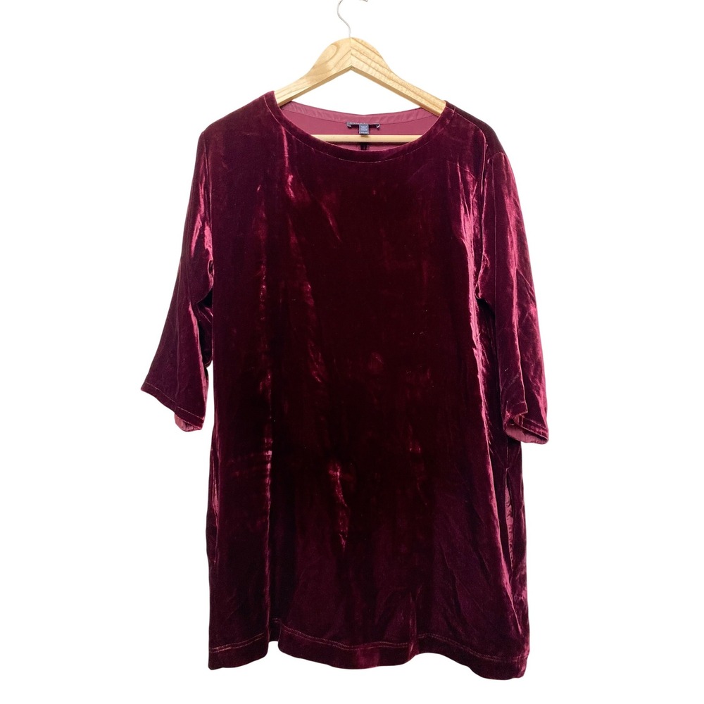 Eileen Fisher Womens XS Burgundy Silk Blend Velvet‎ Tunic Top 3/4 Sleeve Shift